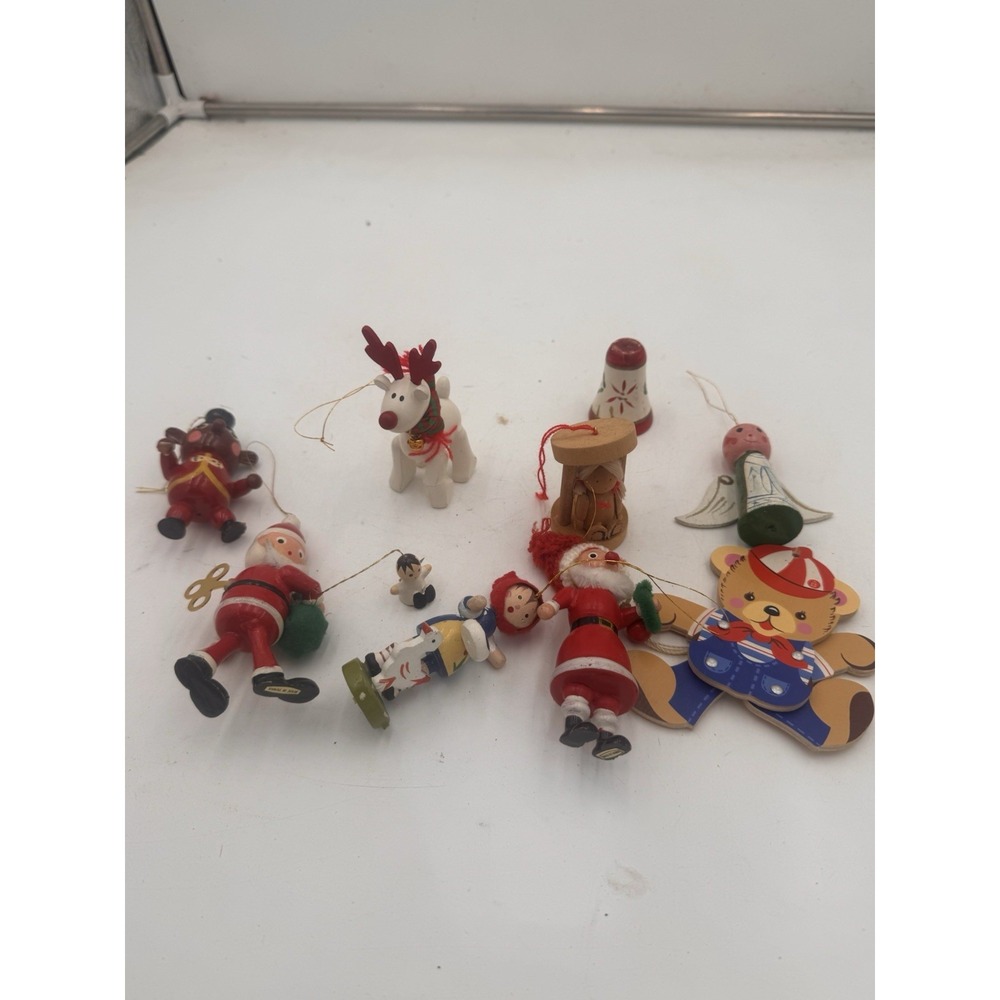 Vintage Wood Christmas Ornaments Lot 11 Santa Reindeer Angel West Germany 70s